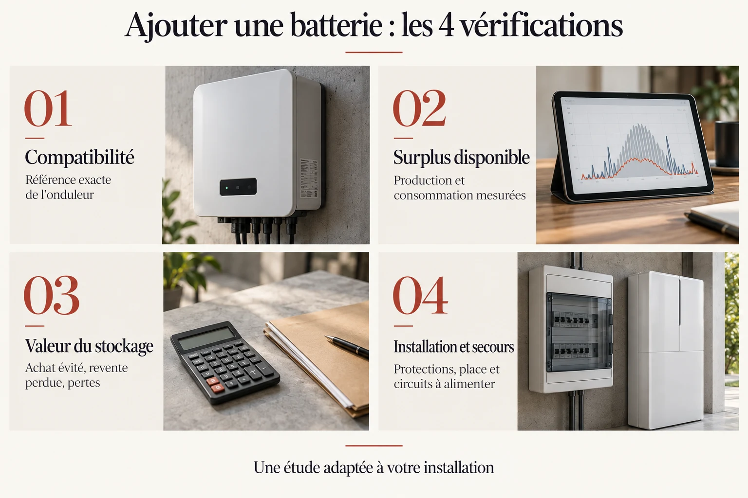 Quatre vérifications : référence exacte de l’onduleur ; production et consommation mesurées ; achat évité, revente perdue et pertes ; protections, place et circuits à alimenter.