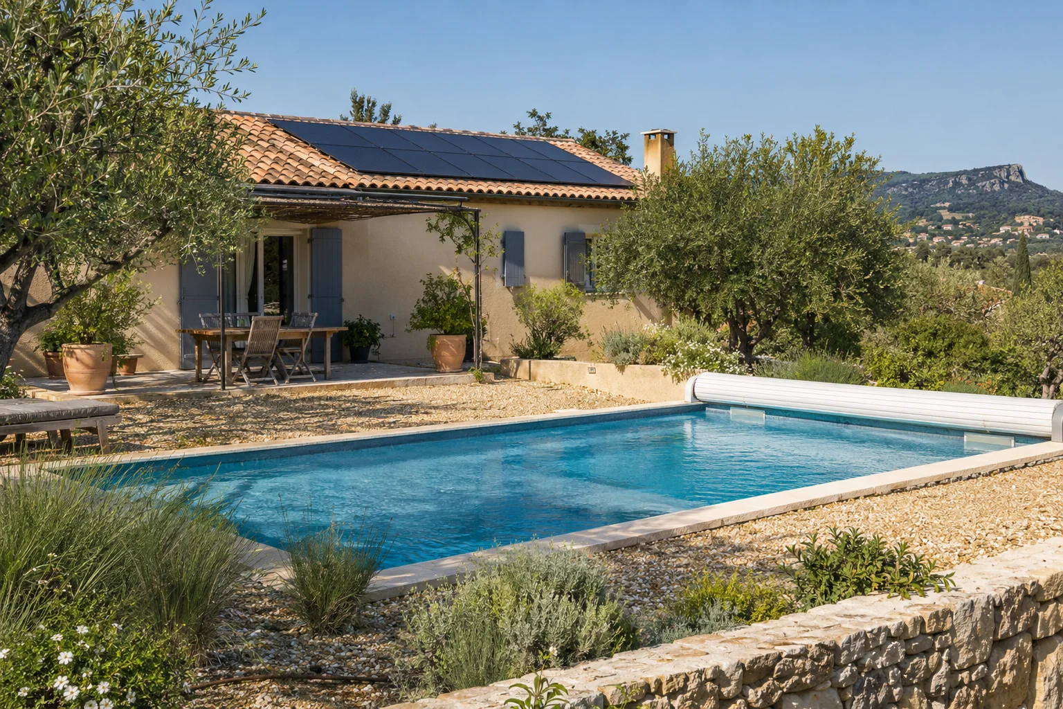 Photo d’illustration : piscine avec couverture enroulée et panneaux solaires sur une maison