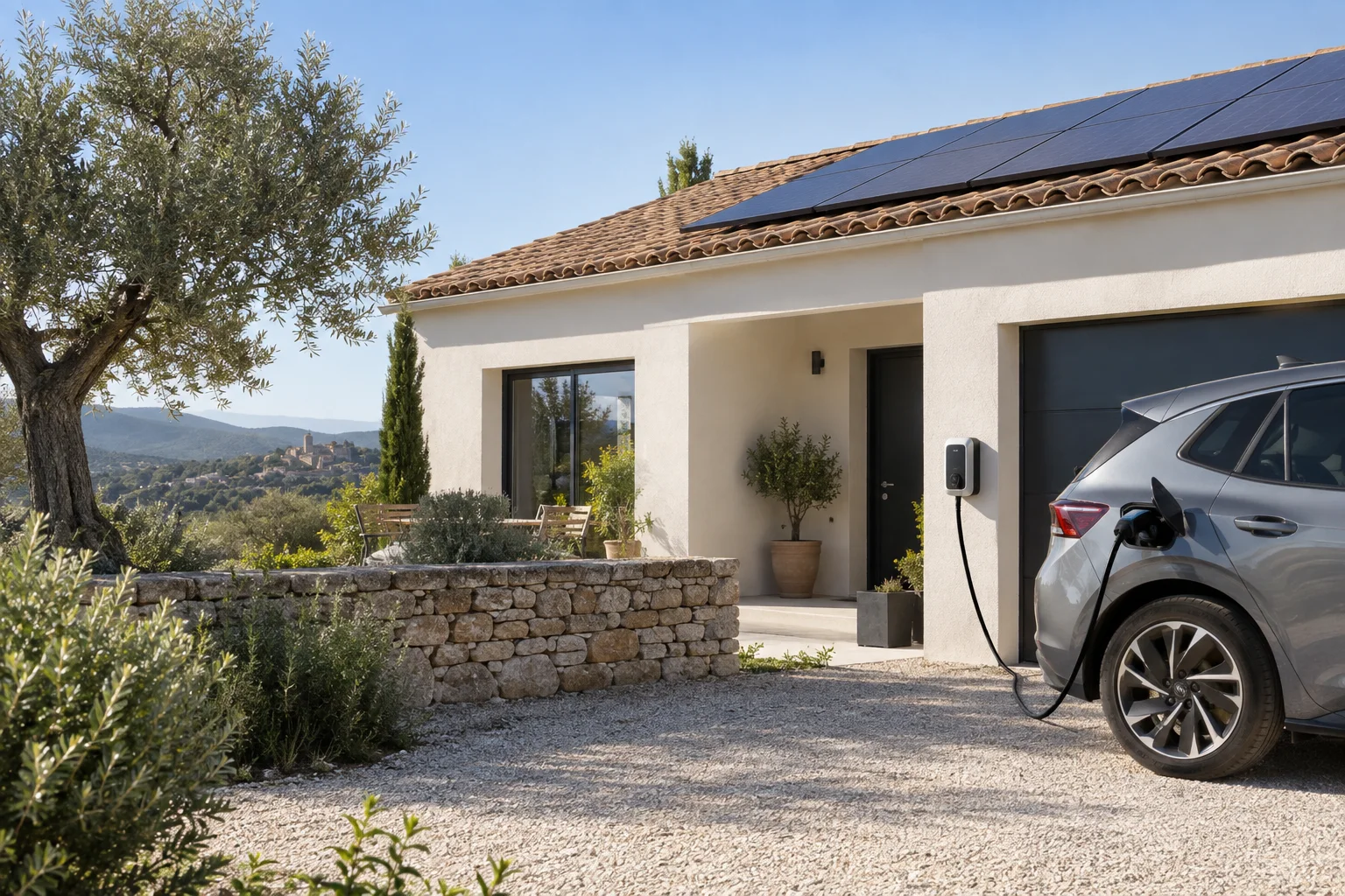 Photo d’illustration : voiture branchée à une borne devant une maison équipée de panneaux