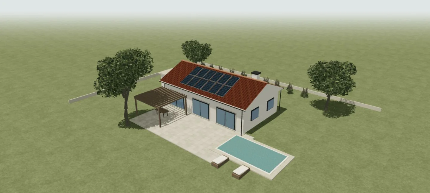Villa fictive avec panneaux solaires, jardin, pergola et piscine
