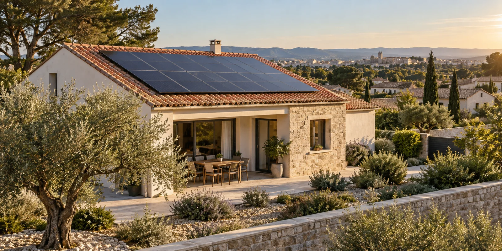 Maison méditerranéenne avec panneaux solaires sur une toiture en tuiles, dans une lumière de fin de journée.